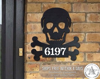 Skull and Crossbones Address Sign - Wooden House Numbers Plaque - Door Numbers Sign - CUSTOM Home Address Sign Made in USA MA8198443