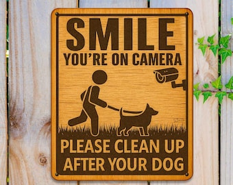 Smile You’re on Camera Wooden Sign – Clean Up After Your Dog – Handcrafted Outdoor Yard by Designocracy – Rustic Pet Warning Sign - 961066
