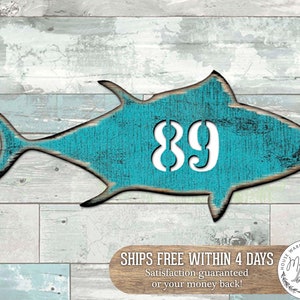 Wood Address Number - Tuna Fish House Number Plaque - Beach House Numbers - Coastal Door Numbers Sign - Custom Home Address Sign MA98548