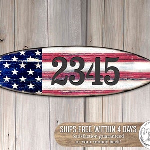 American Flag Surfboard House Number CUSTOM Address Sign Plaque - Patriotic Home Door Number Sign - CUSTOM Beach House Decor MA985222