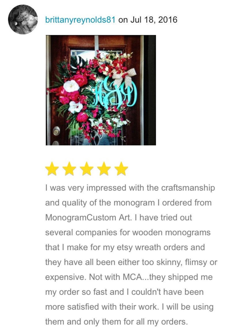 May include: Five star review of a custom monogram made by Monogram Custom Art. The monogram is turquoise blue and is displayed on a wreath with red and white flowers. The reviewer states that they were very impressed with the craftsmanship and quality of the monogram.