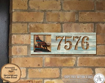 Address sign - Address House Numbers - Wildlife Door Numbers Sign - Wolf Wooden House Number Plaque - Custom Home Address Sign - MA989820