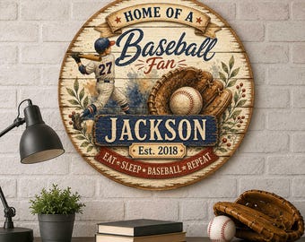 Personalized Baseball Wall Decor: Rustic Vintage Name Sign - 8652877H
