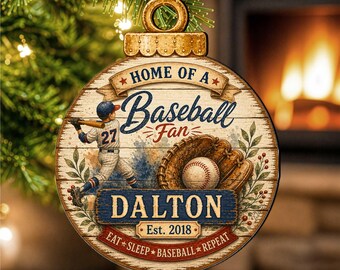 Custom Baseball Christmas Ornament - Rustic Wood with Name and Year - 8652877