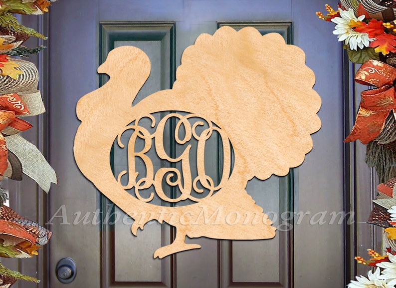 Wooden turkey cut out with personalized initials vine monogram, wooden letters cut out for fall thanksgiving home decor indoor and outdoor, kids crafts