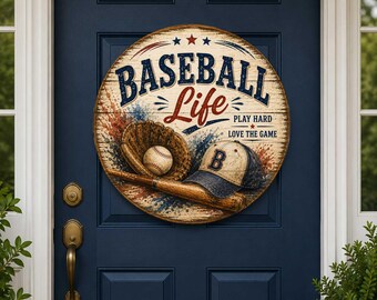 Baseball Life Wall Art, Rustic Vintage Style (19" Round Birch Sign) - 8652878H