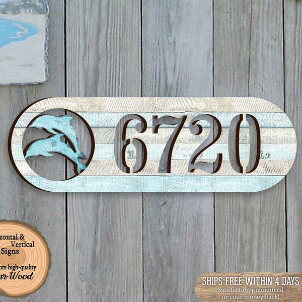 Address sign - Dolphins Wooden House Door Plaque - Beach House Numbers - Coastal Cottage Numbers Sign - Custom Home Address Sign MA989812