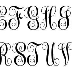 May include: A black and white image of the alphabet in a decorative script font. Each letter has a flourish or swirl at the top and bottom.