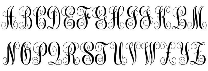 May include: A black and white image of the alphabet in a decorative script font. Each letter has a flourish or swirl at the top and bottom.