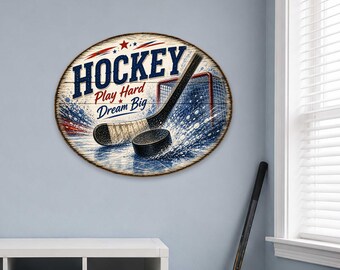 Hockey Player Wall Sign, Rustic Wood Decor "Play Hard Dream Big" - 8652887H