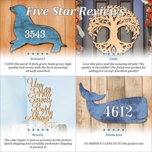 May include: Five customer reviews for wooden signs with different designs and numbers. The signs are painted in a light blue color with white lettering. The reviews are all five stars.