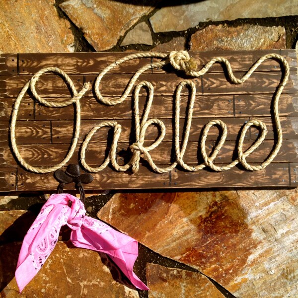 Rope Baby Name Sign | Cowgirl Nursery Decor | Western Wood Signs | Rope Lasso | Bandana | Cowboy Hat | Baby Shower Gift | Personalized Sign