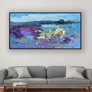 Blue Floral Landscape Painting, Abstract Wall Art, Textured Canvas, Modern Living Room Decor, Original Oil Art, Gift