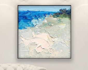 Original Abstract Seascape Oil Painting, Modern White Sand Beach Coastal Impasto Wall Art Decor