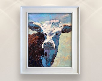 Original Cow Oil Painting, Expressive Farm Animal Portrait Rustic Countryside Canvas Wall Art Decor