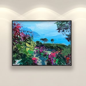 Ravello Oil Painting on Canvas, Original Modern Textured Italian Seascape, Amalfi Coast Wall Art for Room Decor or Anniversary Gift for Her