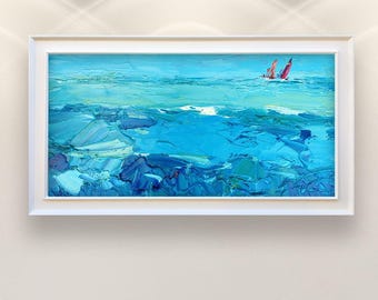 Original Ocean Oil Painting, Abstract Textured Turquoise Sea Waters Panorama Wall Art Decor