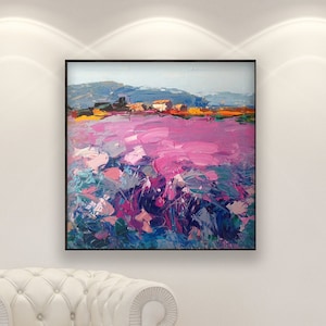 Original Toskana Ölgemälde, modernes abstraktes lila Blumenfeld Impasto Wandkunst Dekor