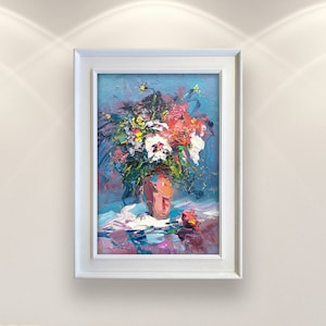 Still Life Flowers Oil Painting on Canvas – Original Vertical Fine Art Floral with Vase, Impressionist Bedroom Wall Decor, Gift for Women