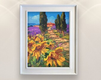 Landschaft Malerei auf Leinwand, Original Gemälde, Sonnenblumen Malerei, Lavendel Malerei, Italienische Kunst, impressionistische Kunst, Küche Wanddeko