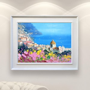 Positano Oil Painting on Canvas, Original Impressionist Art, Italian Seascape Painting with Flowers, Anniversary Gift