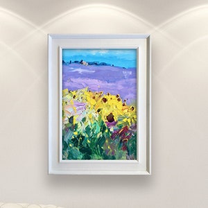 Tuscan Landscape Oil Painting on Canvas, Original Impressionist Art with Lavender & Sunflowers, Vertical Wall Decor, Unique Gift