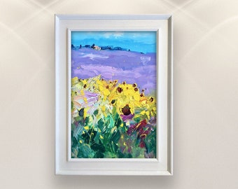 Landscape Painting on Canvas, Original Art, Lavender Painting, Sunflowers Painting, Tuscany Painting, Impressionist Art, Vertical Art, Gift