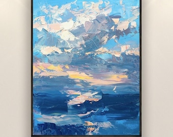 Sunset Ocean Oil Painting, Textured Impressionist Cloud Art, Coastal Wall Decor