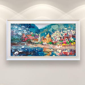 Original Positano Oil Painting, Modern Impressionist Amalfi Coast Harbor Town Wall Art Decor