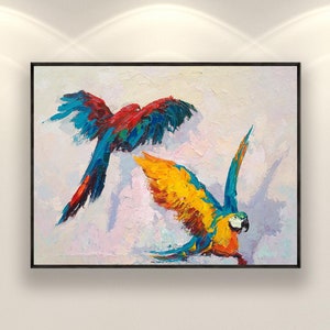Colorful Parrot Canvas Painting, Original Bird Wall Art, Hand-Painted Tropical Animal Decor, Unique Gift for Home or Pet Lovers