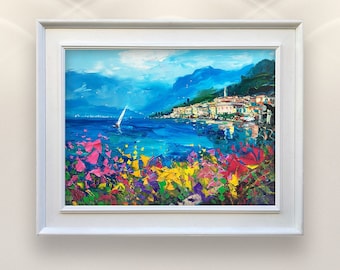 Oryginalny obraz olejny Bellagio Lake Como, nowoczesna impresjonistyczna dekoracja ścienna w stylu kwiatowym z motywem wioski żeglarskiej