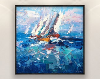 Sailboats Painting on Canvas, Original Painting, Ocean Art, Abstract Art, Boat Painting, Nautical Painting, Living Room Wall Art, Large Art