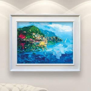 Lake Como Oil Painting on Canvas – Original Impressionist Italy Wall Art, Hand Painted Textured Canvas Art for Bedroom or Living Room
