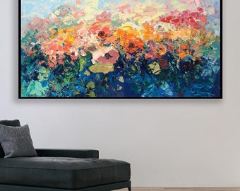 Dipinto originale ad olio di rose, arte murale astratta floreale panoramica in stile impressionista moderno.