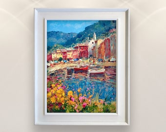Peinture sur toile Portofino, oeuvre d'art originale, peinture de l'Italie, peinture de paysage marin, art impressionniste, art de salon, grande peinture, cadeau