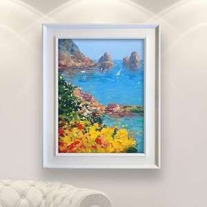 Capri Faraglioni Painting on Canvas, Textured Seascape with Mediterranean Flora, Original Coastal Wall Art, Italian Home Decor Gift Idea