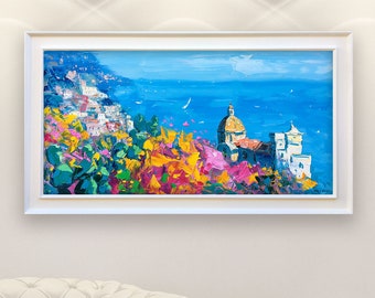 Original Positano Amalfi Coast Oil Painting on Canvas, Large Panoramic Wall Art Decor