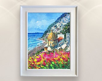 Dipinto originale ad olio di Positano, paesaggio marino verticale impressionista moderno della Costiera Amalfitana, opera d'arte da parete.