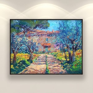 Tuscan Landscape Oil Painting on Canvas – Original Impressionist Olive Grove Artwork, Italian Wall Art for Large Room Decor