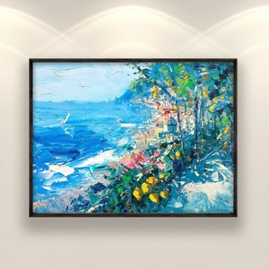 Positano Oil Painting on Canvas, Original Art, Amalfi Coast Seascape with Lemon Trees, Impressionist Wall Decor for Living Room, Gift