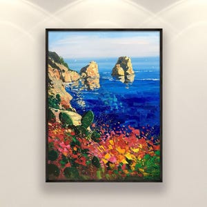 Pintura al óleo original de la costa mediterránea, decoración de pared impresionista con rocas marinas y cactus de nopal.