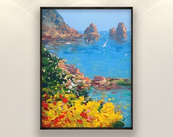 Capri Painting on Canvas, Original Art, Italy Painting, Seascape Art, Amalfi Coast, Impressionist Art, Living Room Wall Art, Large Painting