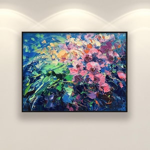 キャンバスに描かれた花の絵画、オリジナルのモダンな花の壁アート、大きなリビングルームの装飾、手描きのアートワーク、彼女へのユニークなギフト