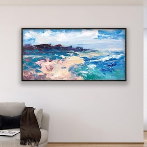 Modern Impressionist Beach Painting on Canvas, Textured Coastal Wall Art for Living Room, Ocean Cliffs and Waves, Contemporary Beach Art