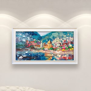 Pintura de Positano sobre lienzo, Arte original, Costa de Amalfi de Italia, Pintura abstracta del paisaje marino, Decoración de la pared de la sala de estar, Arte de pared grande, Regalo