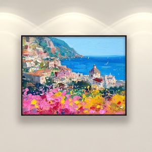 Positano Oil Painting on Canvas, Original Amalfi Coast Seascape Art, Italy Coastal Wall Decor, Textured Impressionist Art for Living Room