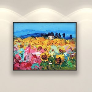 Italian Sunflowers Oil Painting on Canvas, Original Modern Textured Landscape Wall Art, Living Room Country Decor, Unique Gift for Her