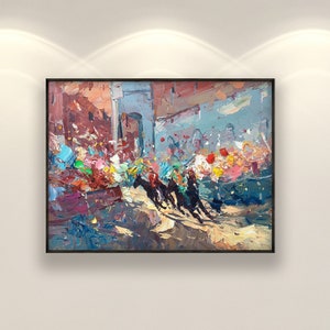 Palio di Siena Ölgemälde auf Leinwand, italienisches modernes impressionistisches Pferderennen Kunstwerk
