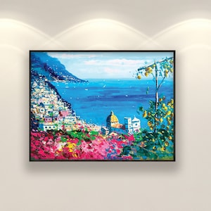 Positano Oil Painting on Canvas, Textured Amalfi Coast Wall Art, Italian Seaside Landscape, Living Room Decor, Large Wall Art, Gift