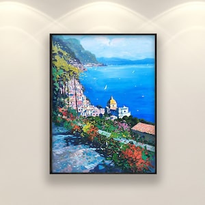 Vertical Positano Oil Painting on Canvas, Original Italian Art, Modern Flowers, Amalfi Coast Wall Decor, Impressionist Gift